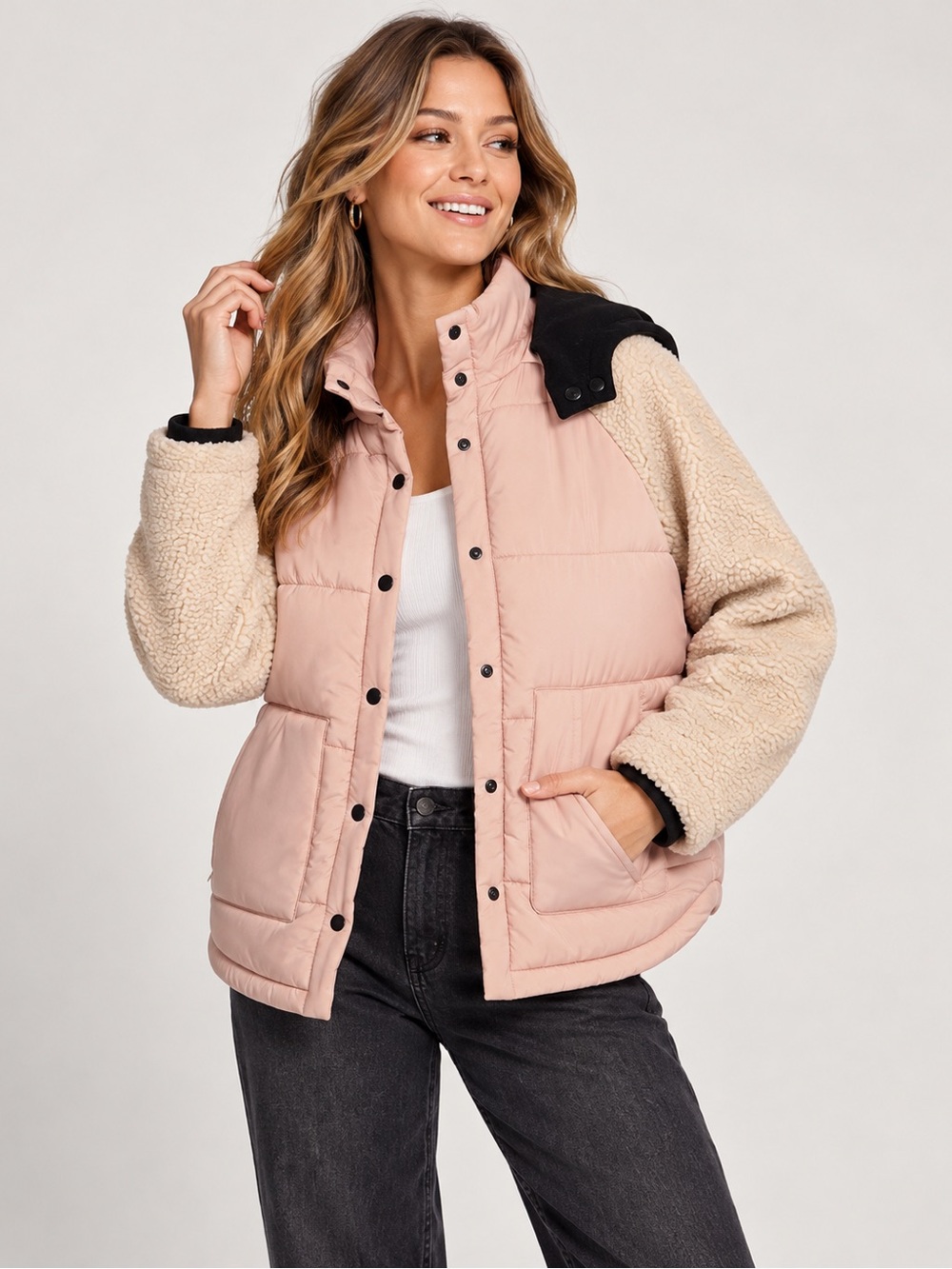 Saltwater Luxe Pink & Cream Sherpa Sleeve Puffer Jacket